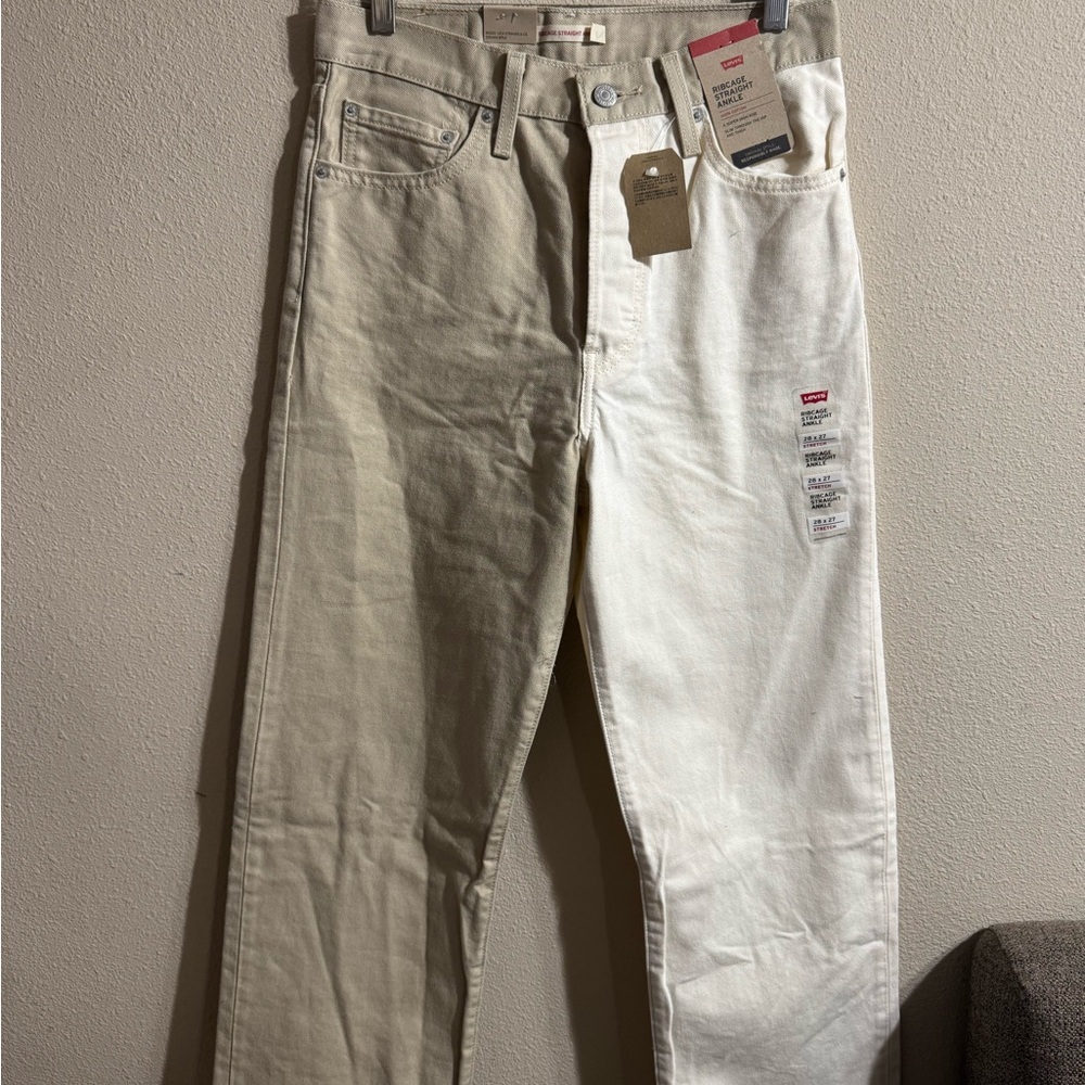 Levi's Tan and White Straight Leg Jeans with Unique Two-Tone Design